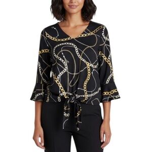 Frank Lyman Chain Pearl Print Tie Front Blouse Top Black Size 8